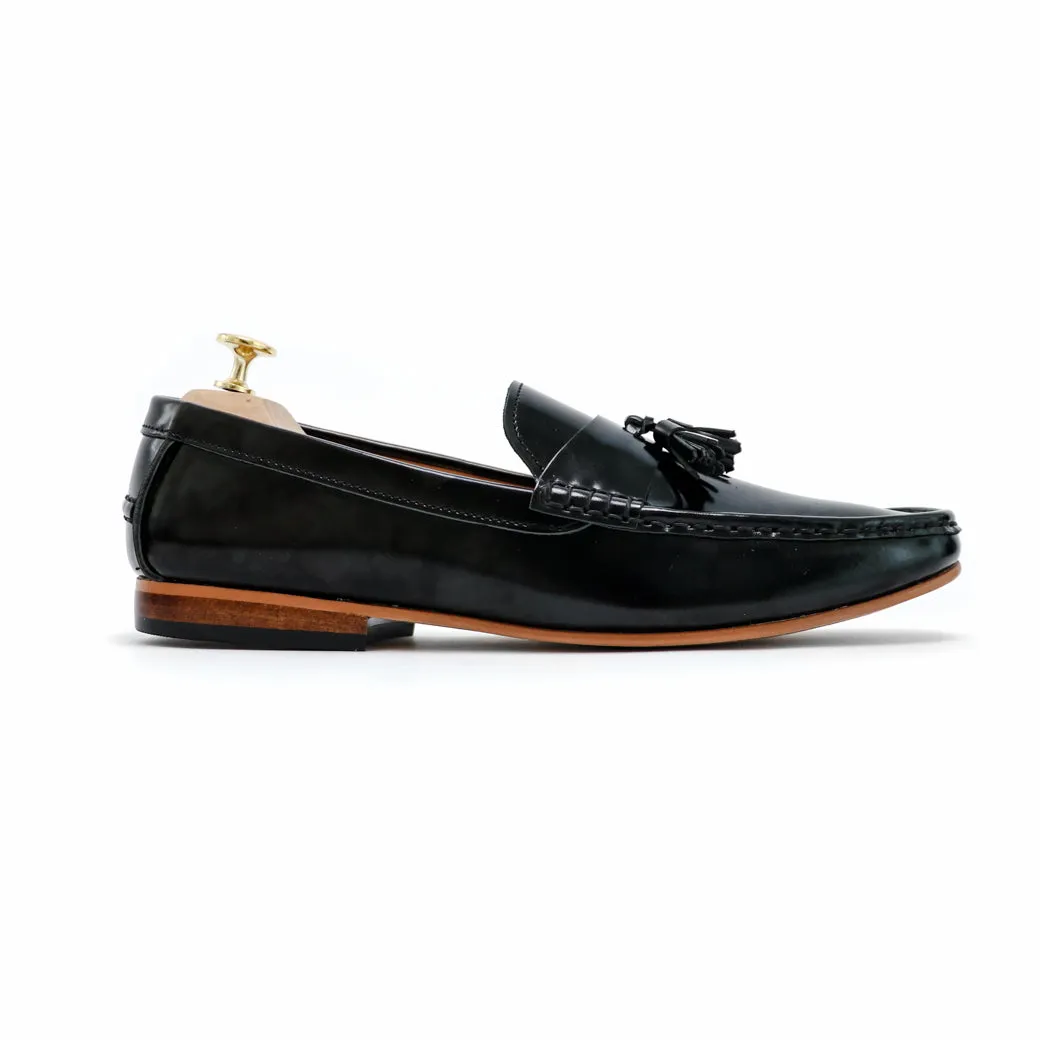 Comfy Tassel Loafer European Brush Off Black Patent