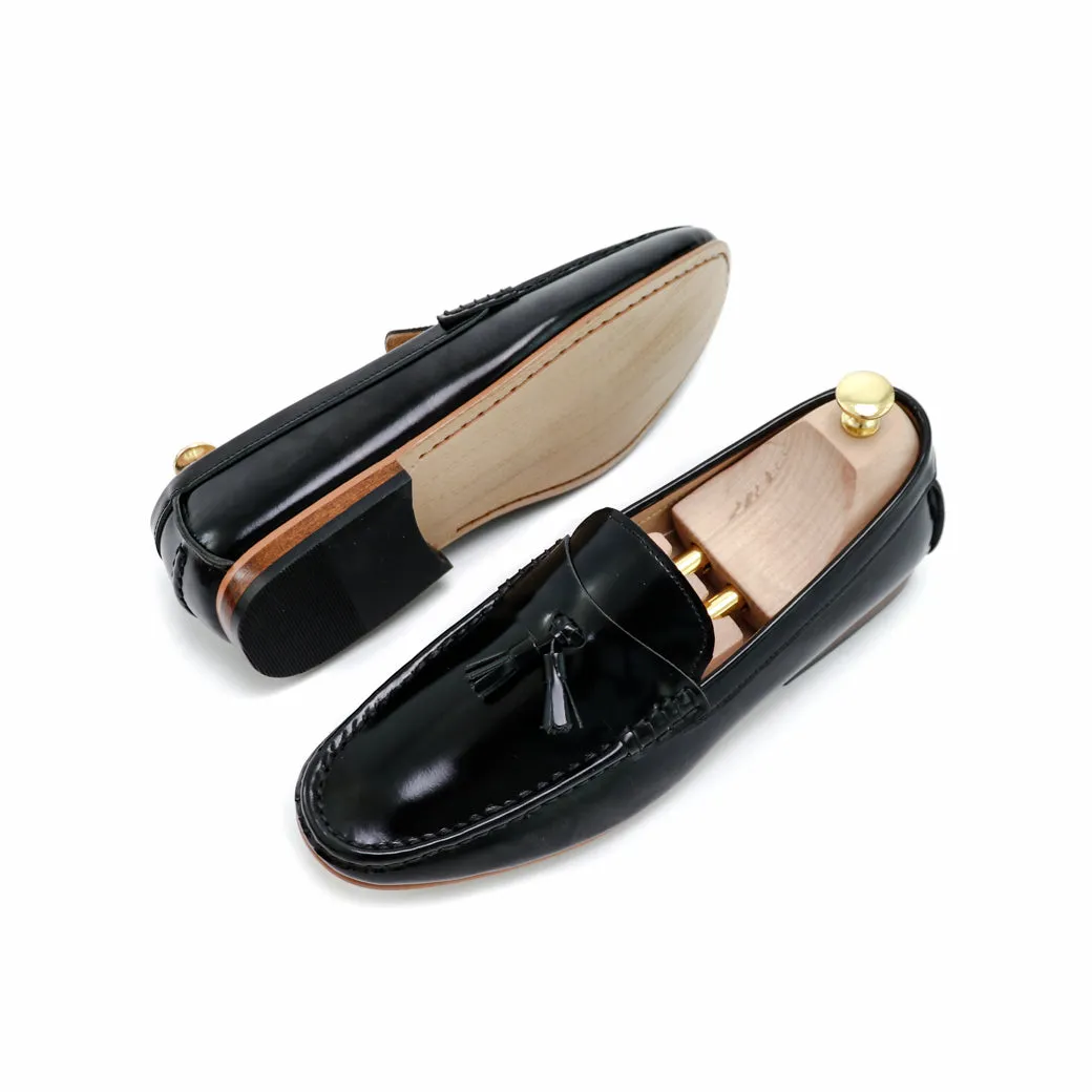 Comfy Tassel Loafer European Brush Off Black Patent