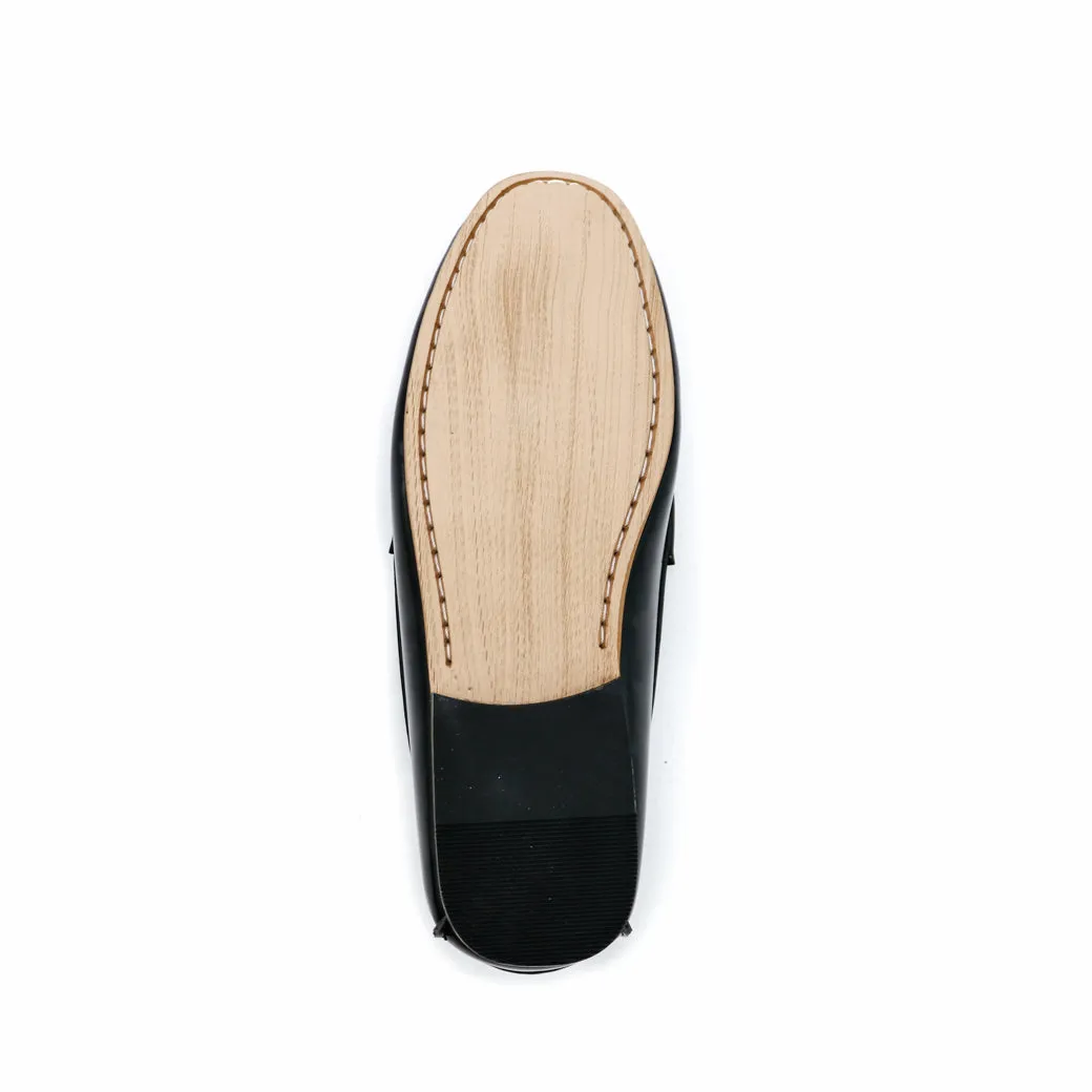 Comfy Tassel Loafer European Brush Off Black Patent