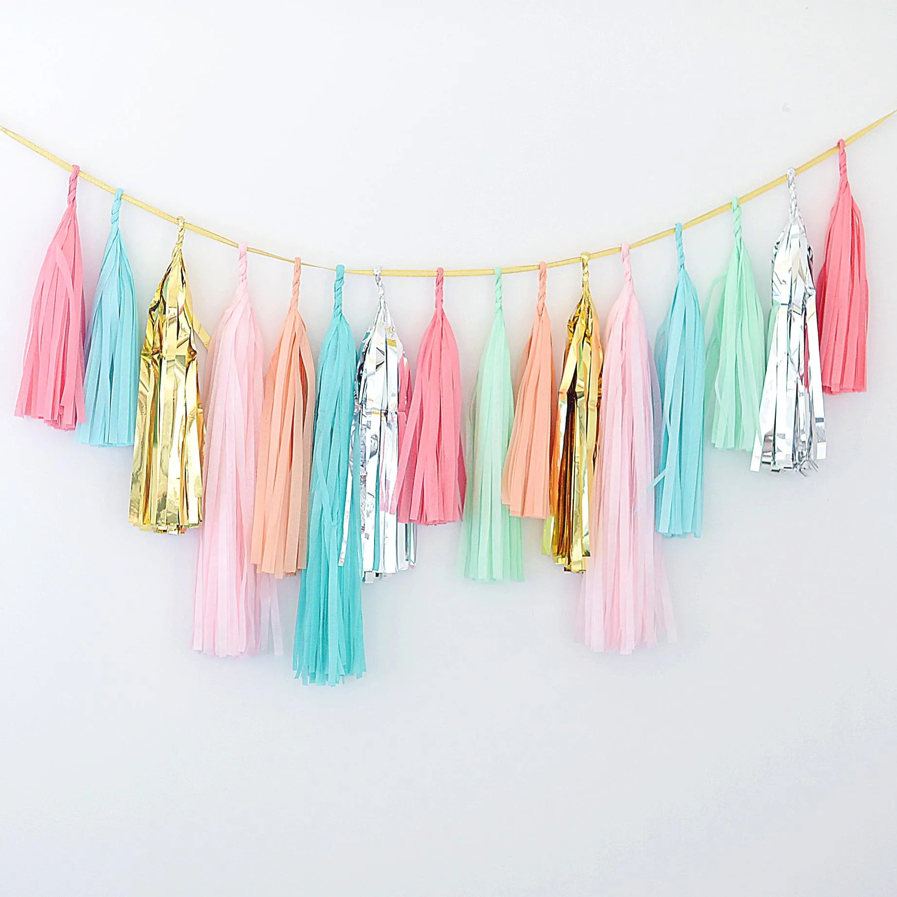 Coral, mint, silver, gold, pink tassel garland - various lengths