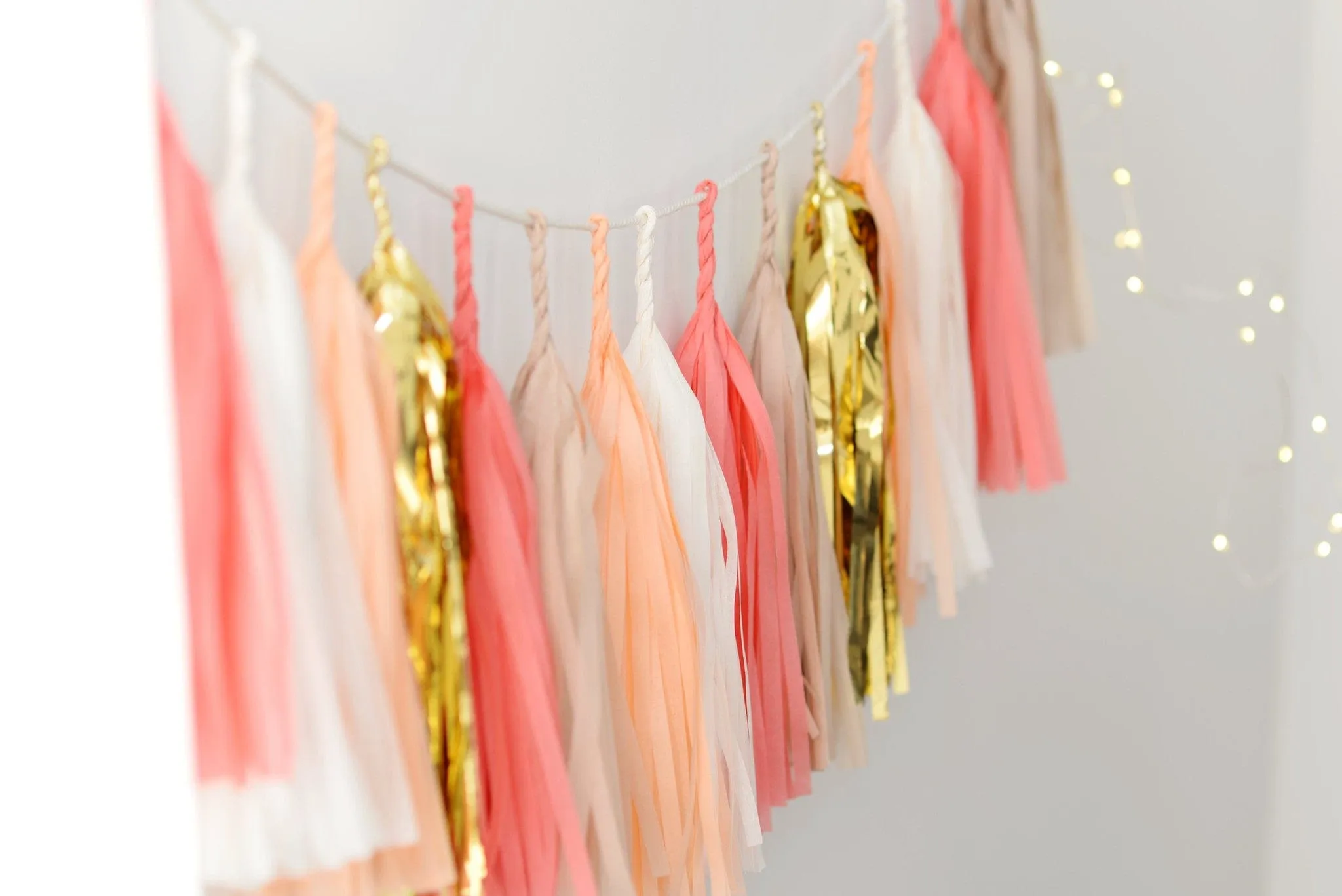 Coral, nudes and gold tissue paper tassel garland - various lengths