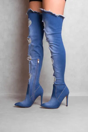 CORINA HIGH HEEL DENIM STRETCH OVER THE KNEE BOOT IN LIGHT BLUE