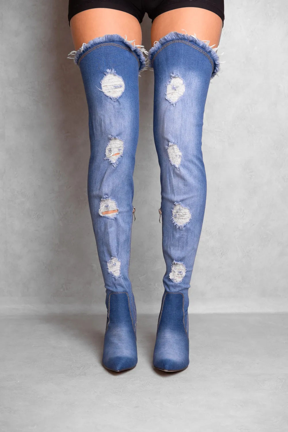 CORINA HIGH HEEL DENIM STRETCH OVER THE KNEE BOOT IN LIGHT BLUE