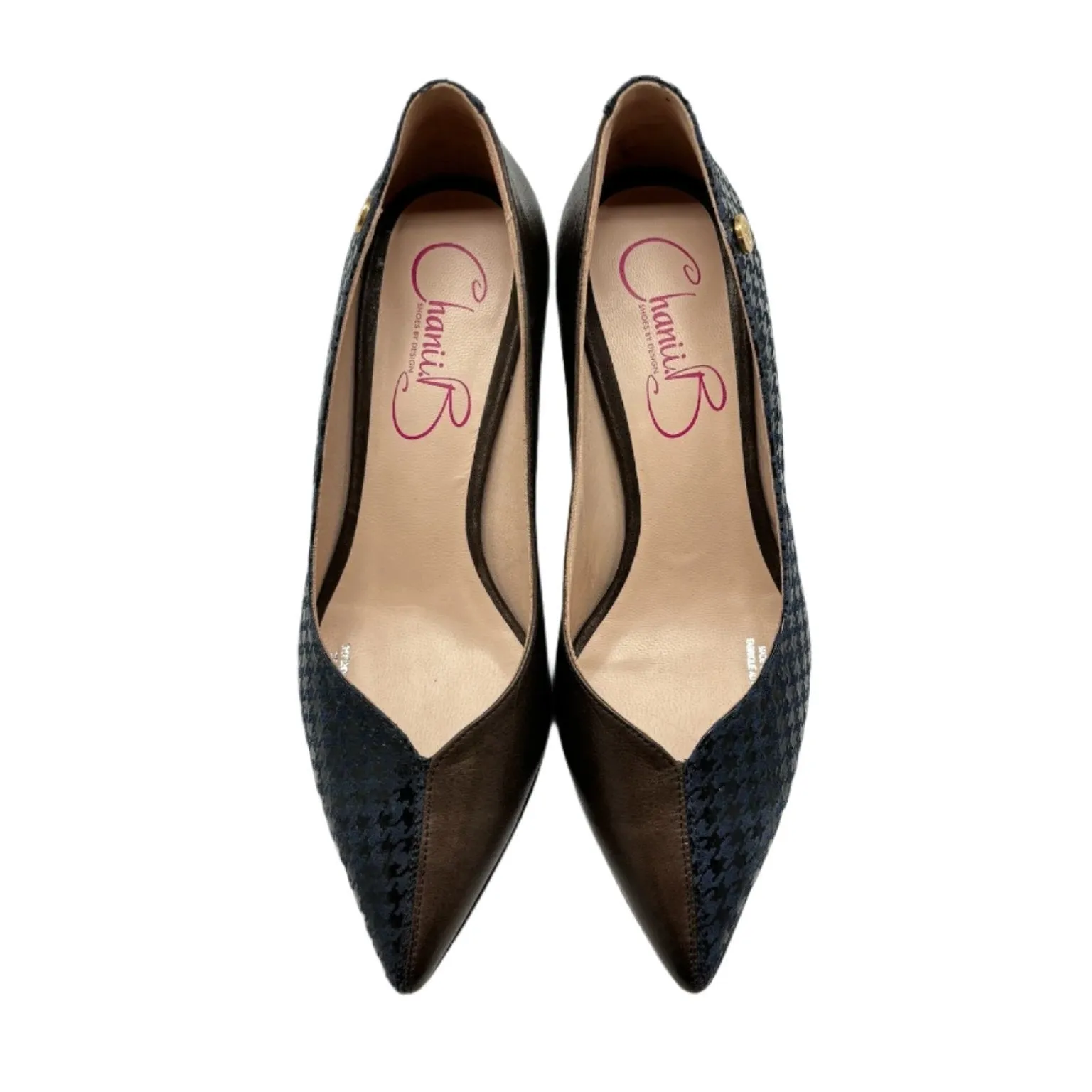 Cruella - Blue Houndstooth and brown kitten heel