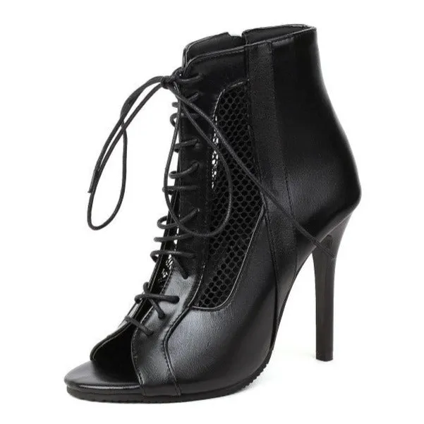 Dacing booties sexy mesh hollow peep toe lace-up booties Latin ballroom sandals