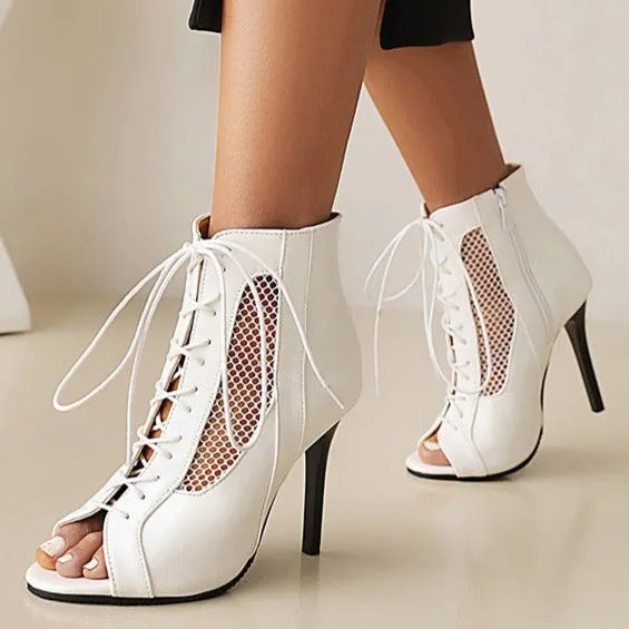 Dacing booties sexy mesh hollow peep toe lace-up booties Latin ballroom sandals