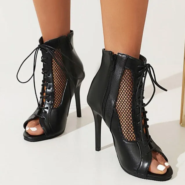 Dacing booties sexy mesh hollow peep toe lace-up booties Latin ballroom sandals