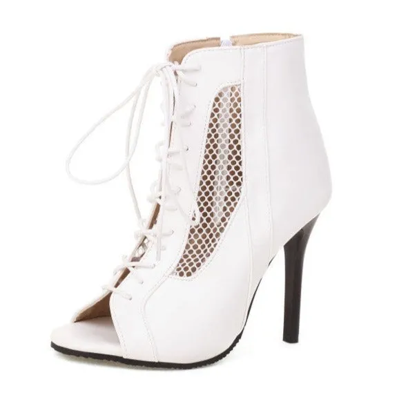 Dacing booties sexy mesh hollow peep toe lace-up booties Latin ballroom sandals