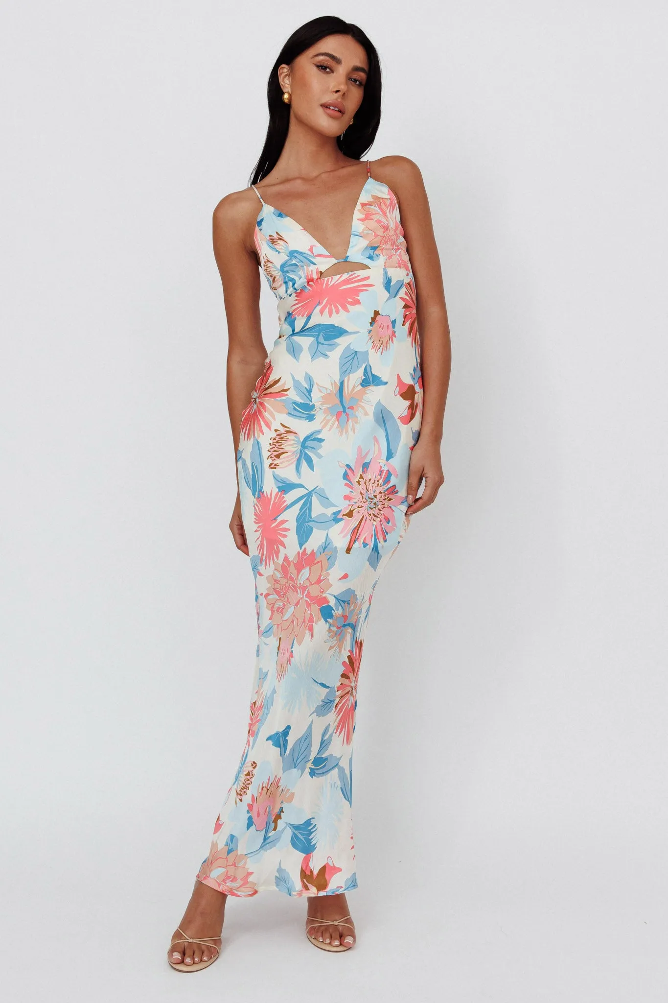 Dance Again Cut-Out Back Maxi Dress Floral Blue