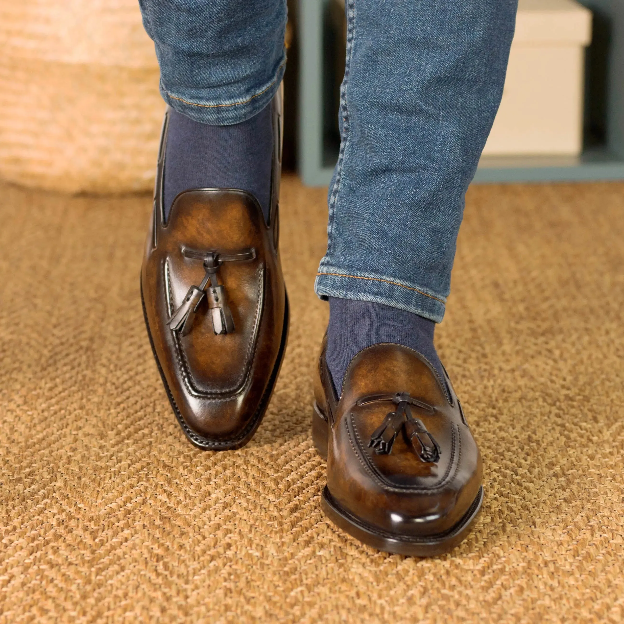 DapperFam Luciano in Brown Men's Hand-Painted Patina Loafer