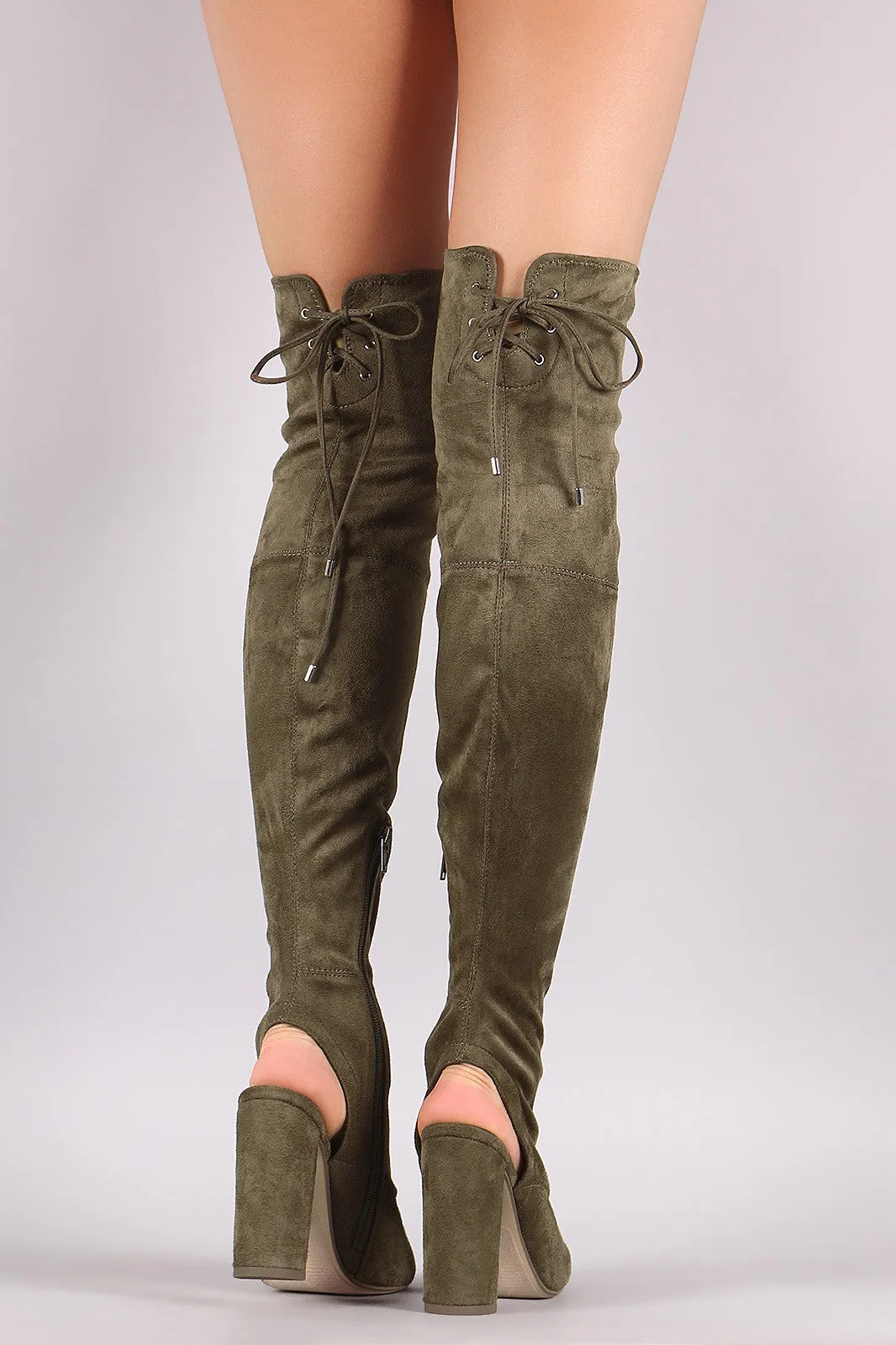 Delicious Suede Corset Lace Up Chunky Heeled Boots