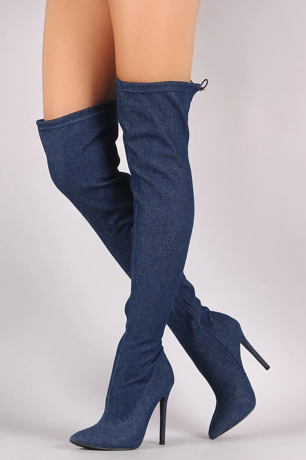 Denim Drawstring-Tie Pointy Toe Stiletto Boots