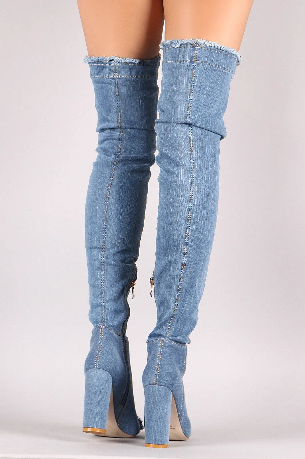 Distressed Denim Chunky Heeled Over-The-Knee Boots