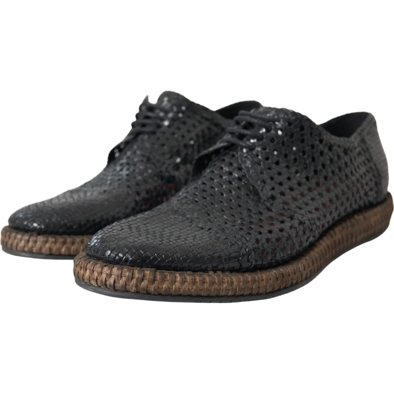 Dolce & Gabbana Black Woven Goat Leather Lace Up Derby Shoes