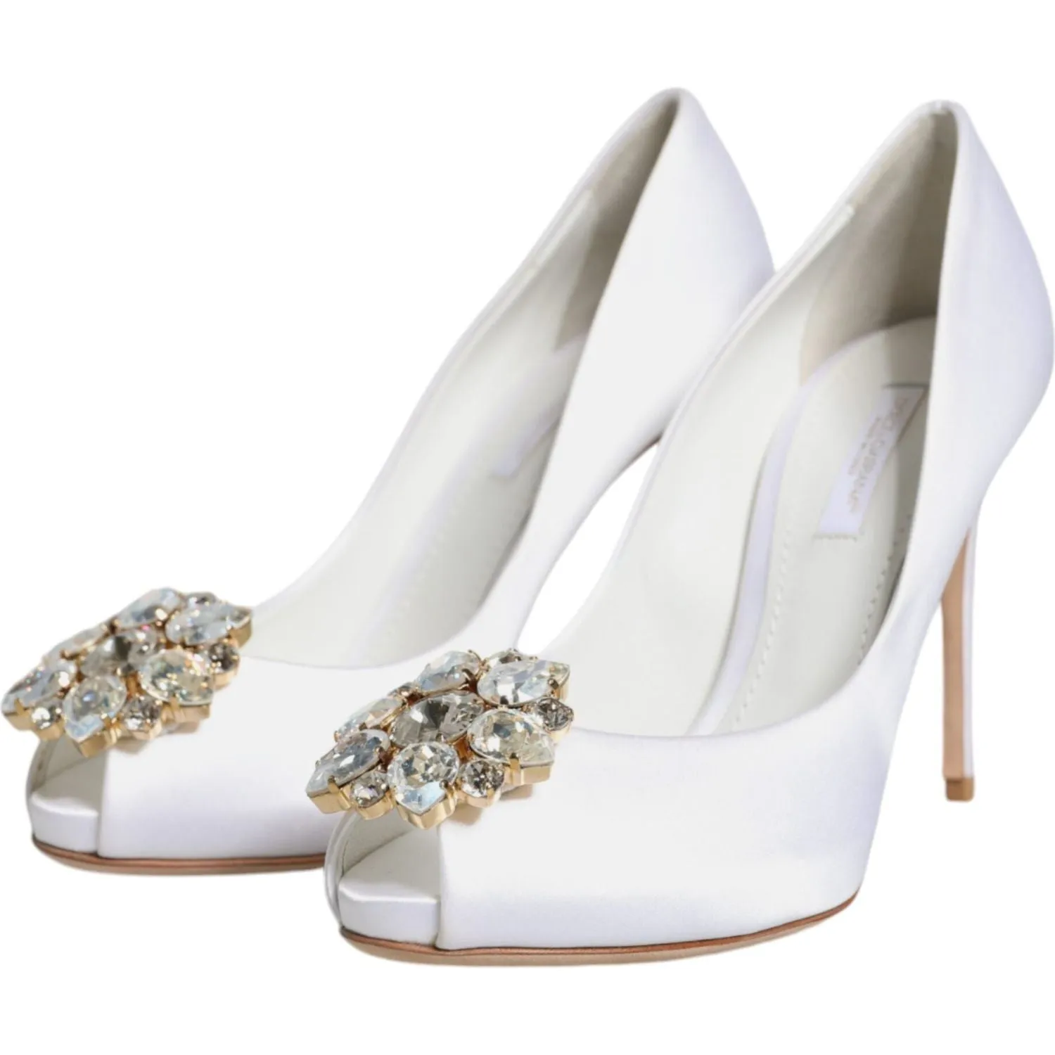 Dolce & Gabbana White Crystals Peep Toe Satin Pumps Shoes