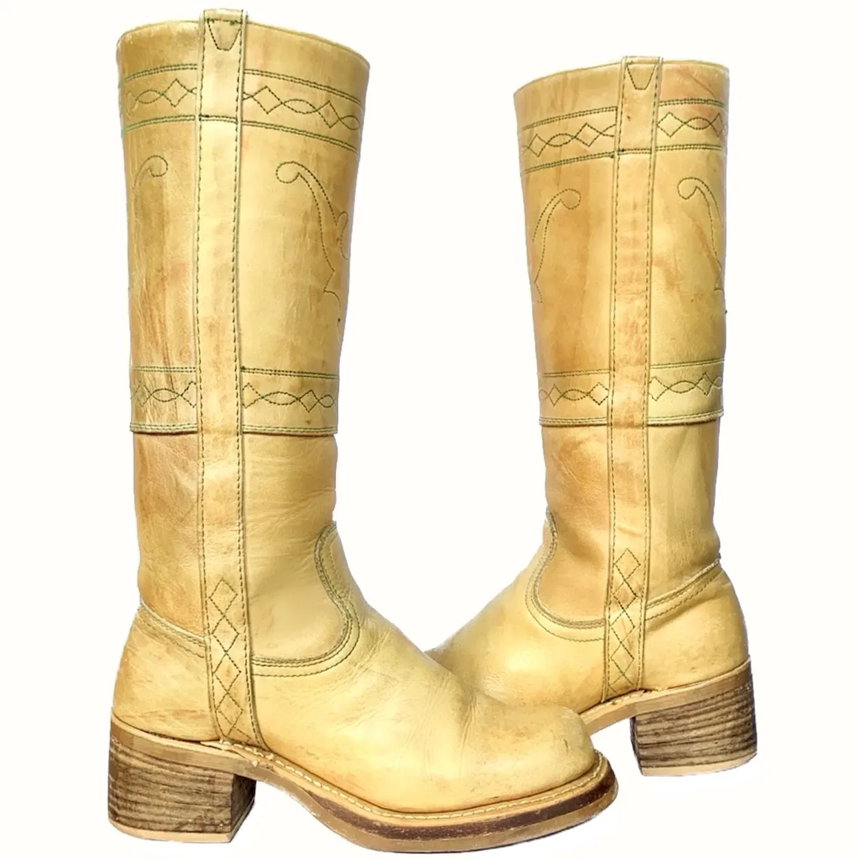 DOUBLE H Vintage Frye Style Banana Campus Stitching Horse Tall Knee High Boots