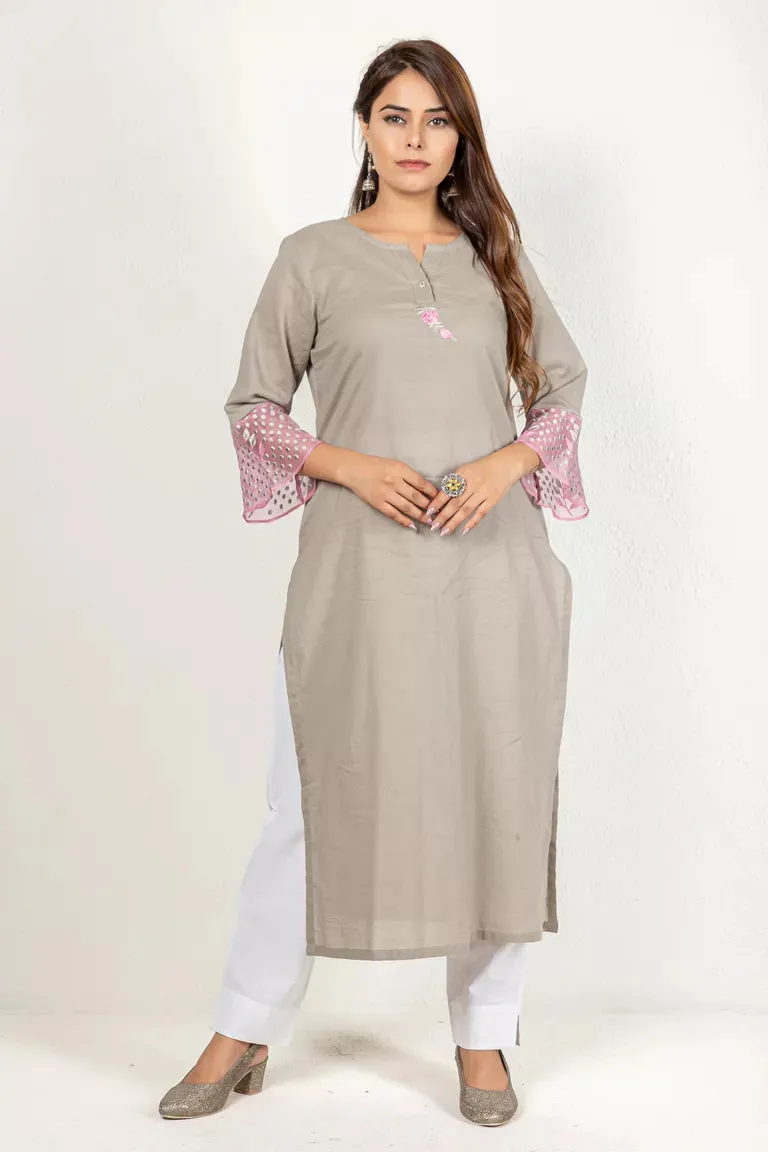 Dull Grey-Brown 3/4 Sleeves Cotton Kurta