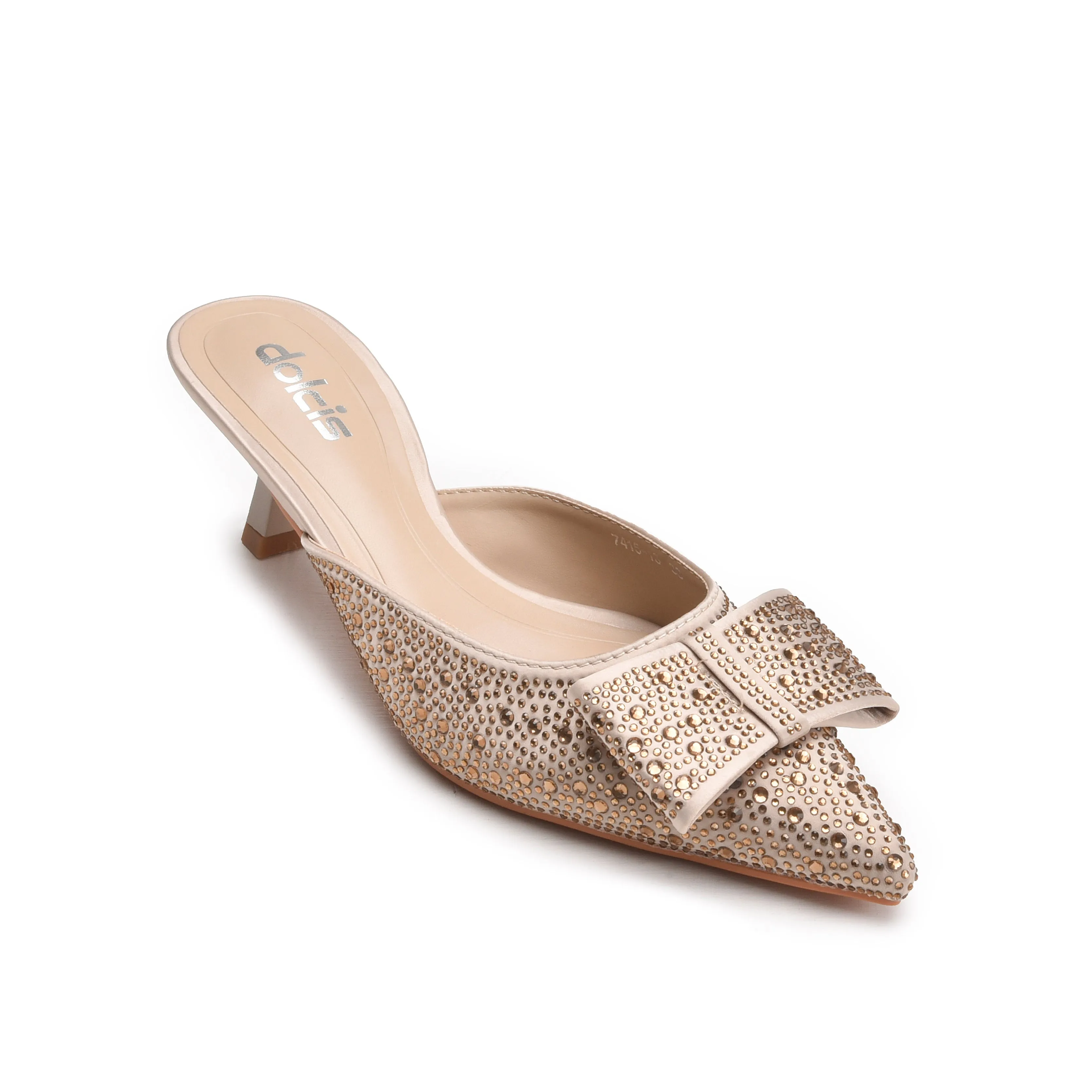 Elegant Beige Embellished Kitten Heel Mules | 424N-X