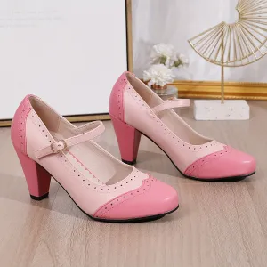 Elegant Two-Tone Mary-Jane Pumps: Comfortable Kitten Heels with Unique Embroidery, Perfect for Any Season & Occasion