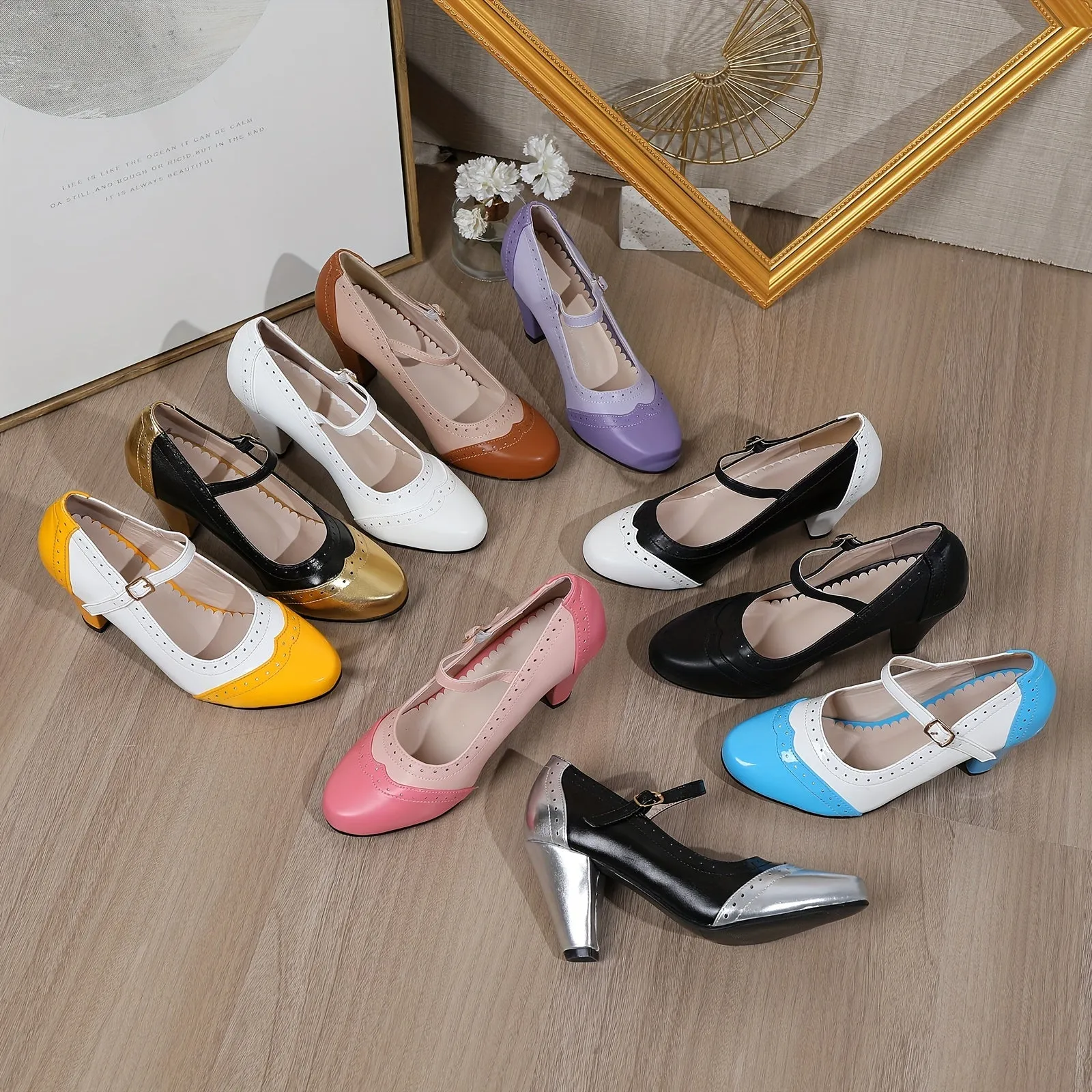 Elegant Two-Tone Mary-Jane Pumps: Comfortable Kitten Heels with Unique Embroidery, Perfect for Any Season & Occasion