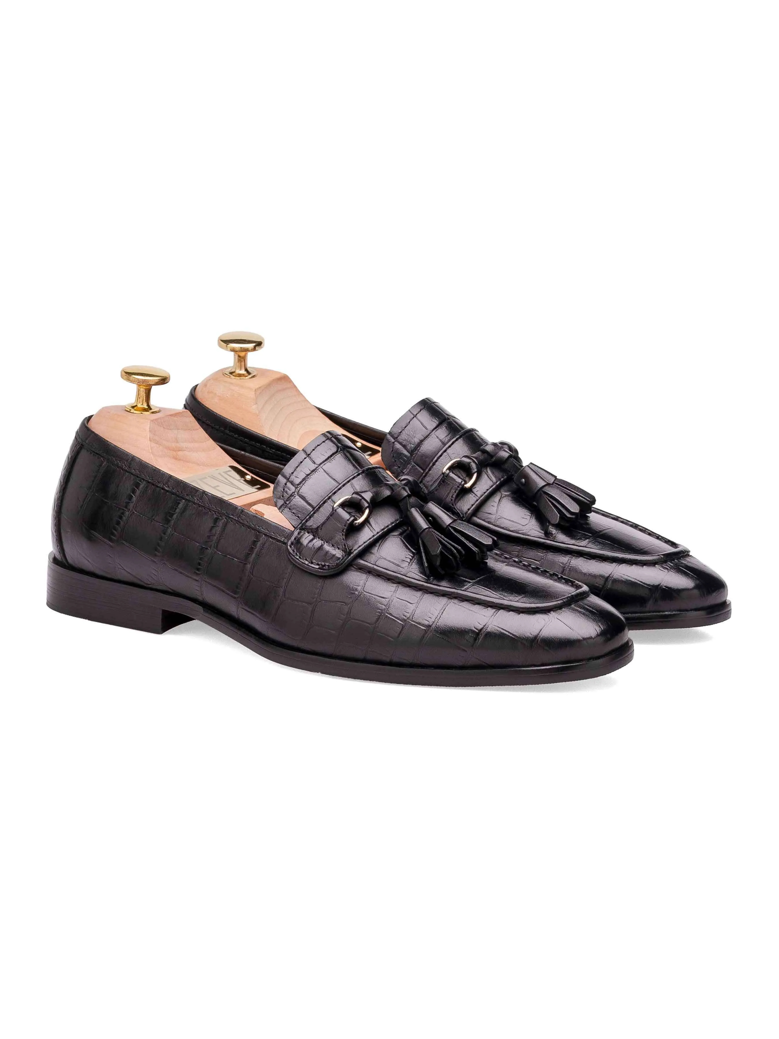 Elvio Tassel Loafer - Black Croco Polished Leather