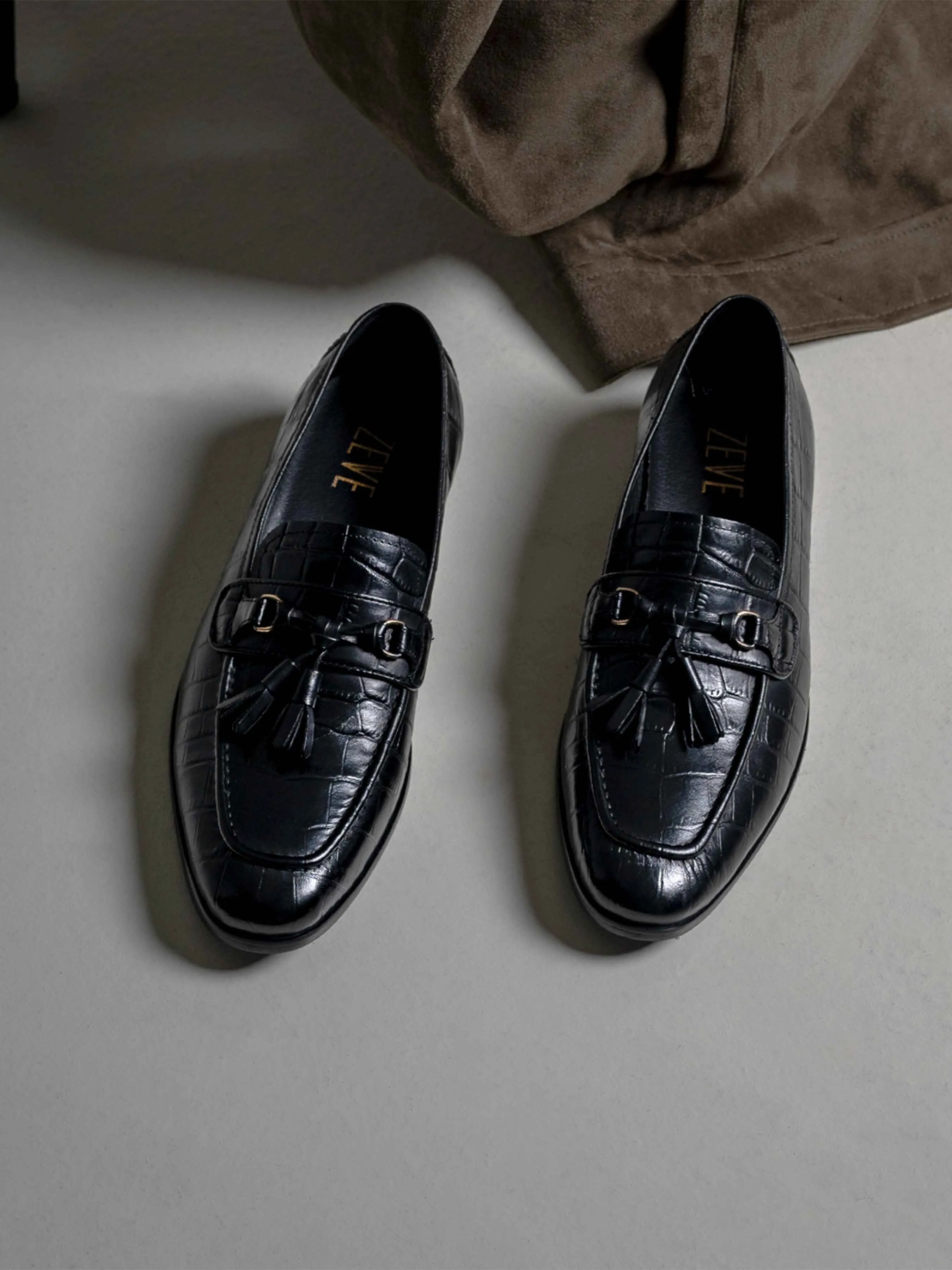 Elvio Tassel Loafer - Black Croco Polished Leather