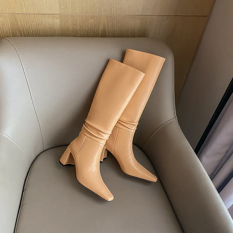 Emery Square Toe Heeled Slouchy Genuine Leather Knee High Boots