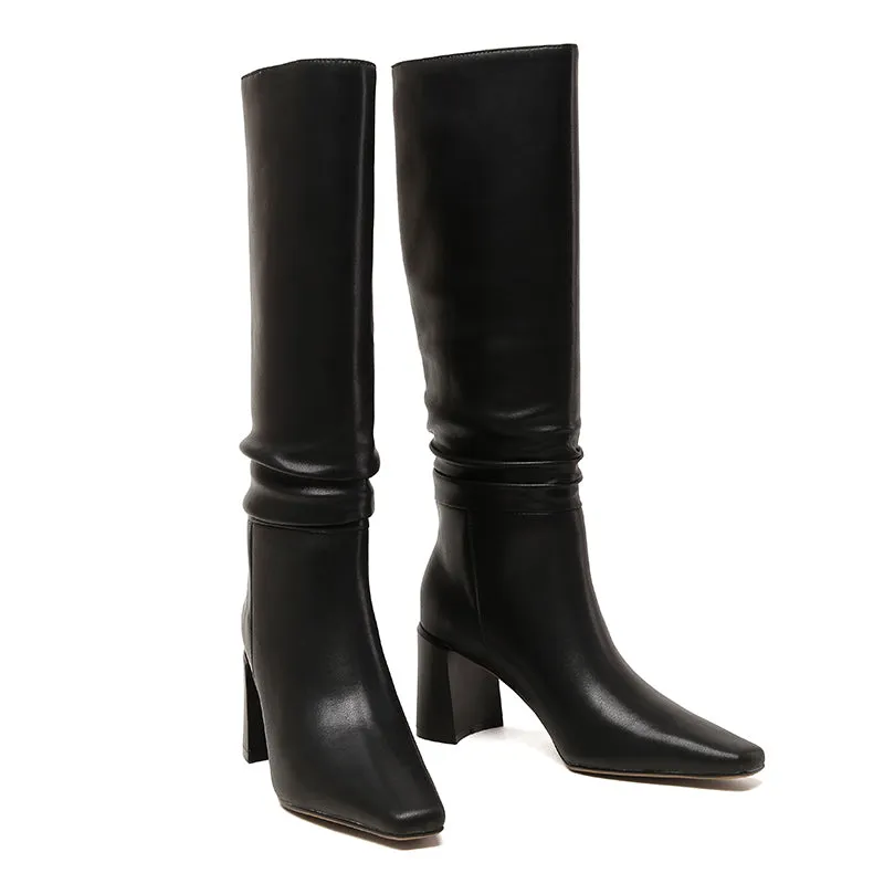 Emery Square Toe Heeled Slouchy Genuine Leather Knee High Boots