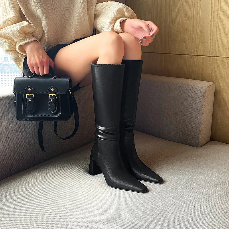 Emery Square Toe Heeled Slouchy Genuine Leather Knee High Boots