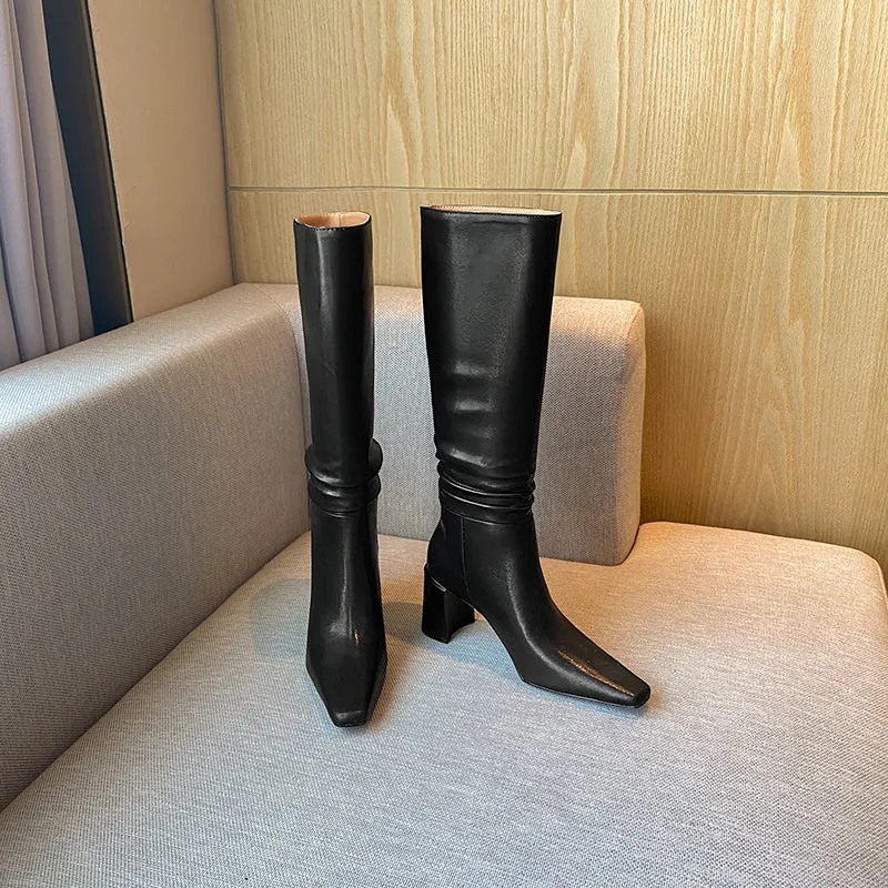 Emery Square Toe Heeled Slouchy Genuine Leather Knee High Boots