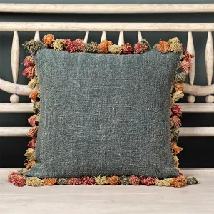 Faded Indigo Rustic Linen Cushion With Tassels