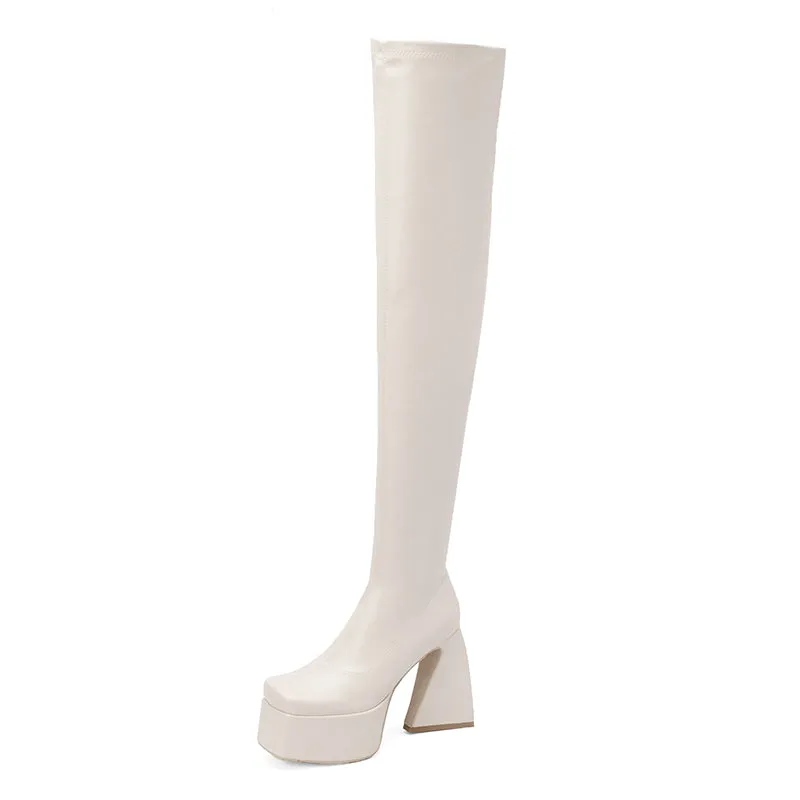 Fanta Platform White Thigh High Boots