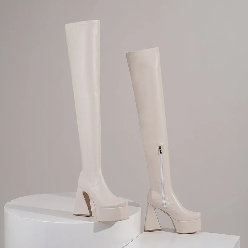 Fanta Platform White Thigh High Boots