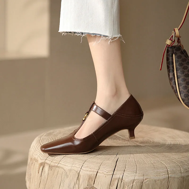 Flora Vintage T Strap Heels Brown