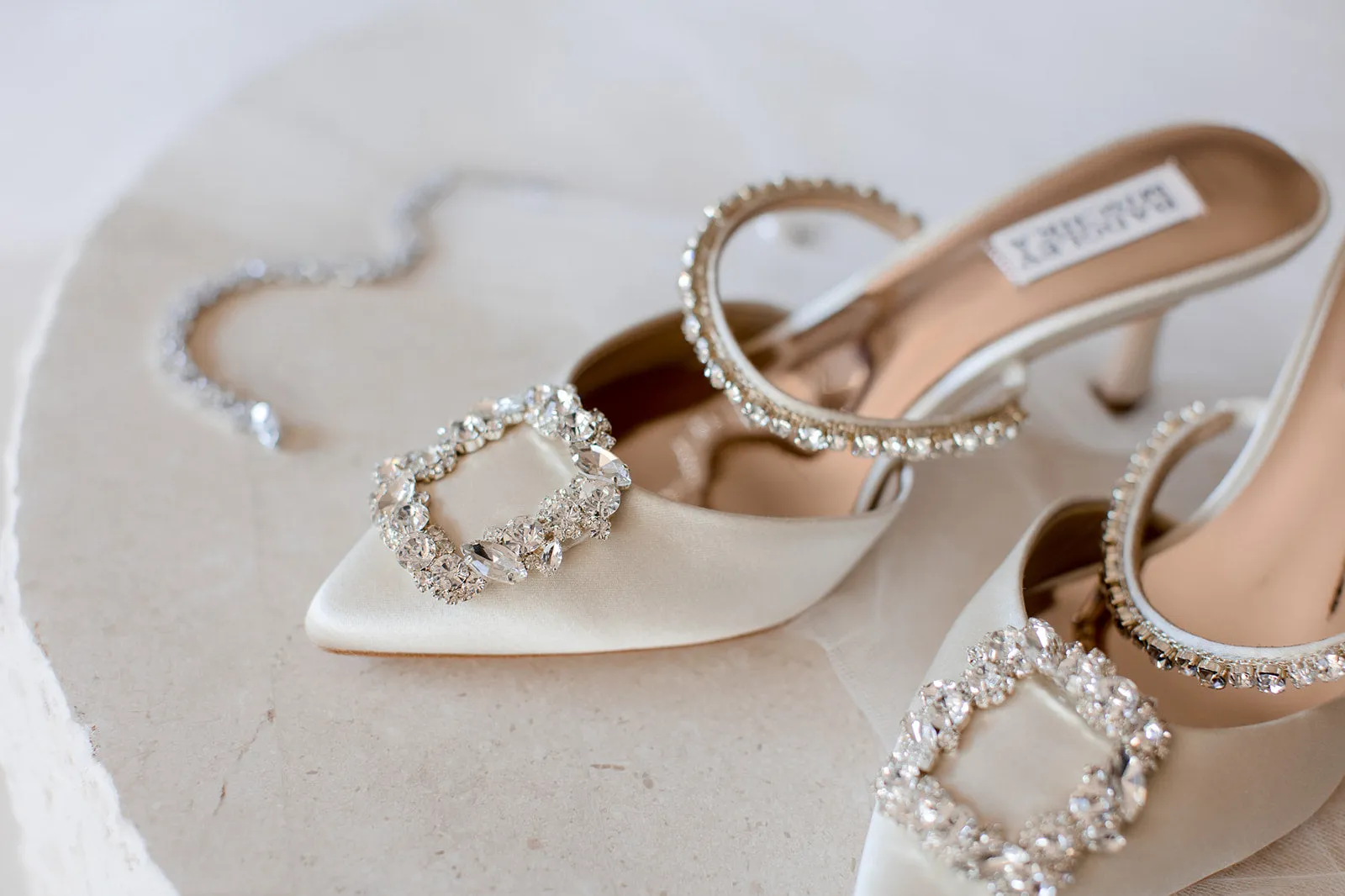 Flutter - Pointed Toe Crystal Embellished Stiletto Mule - Ivory