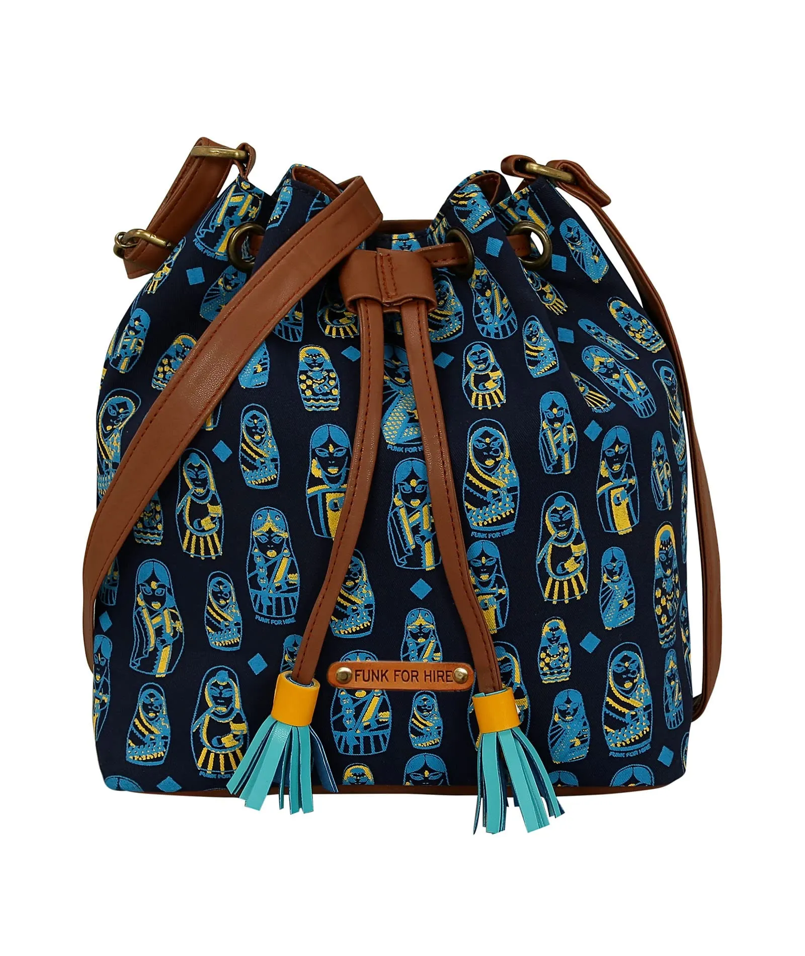 Funk For Hire Navy Blue Printed Canvas Bucket Drawstring Crossbody Sling Bag for Women