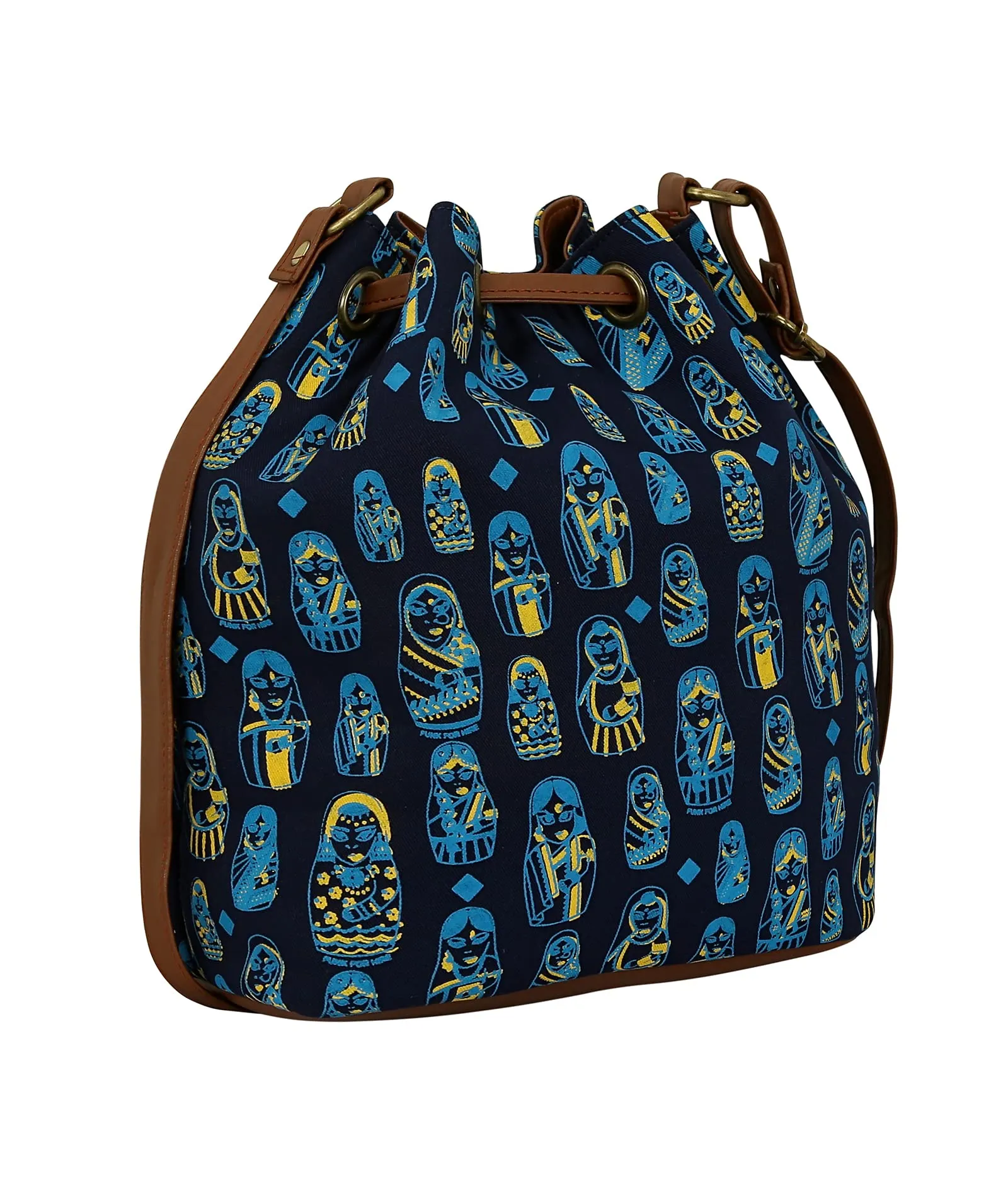 Funk For Hire Navy Blue Printed Canvas Bucket Drawstring Crossbody Sling Bag for Women