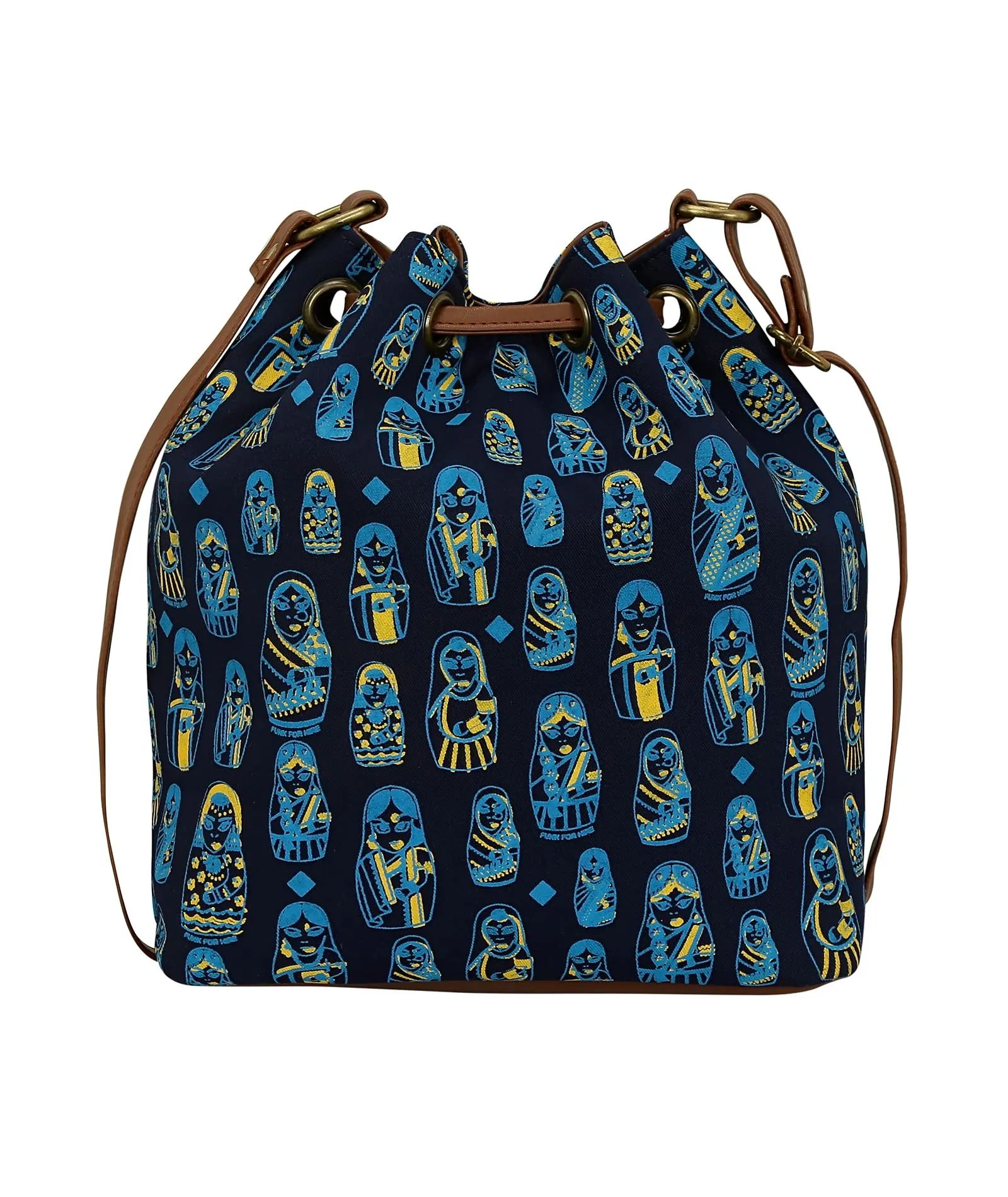 Funk For Hire Navy Blue Printed Canvas Bucket Drawstring Crossbody Sling Bag for Women