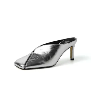 Gaia Closed Toe Kitten Heel Mules Silver