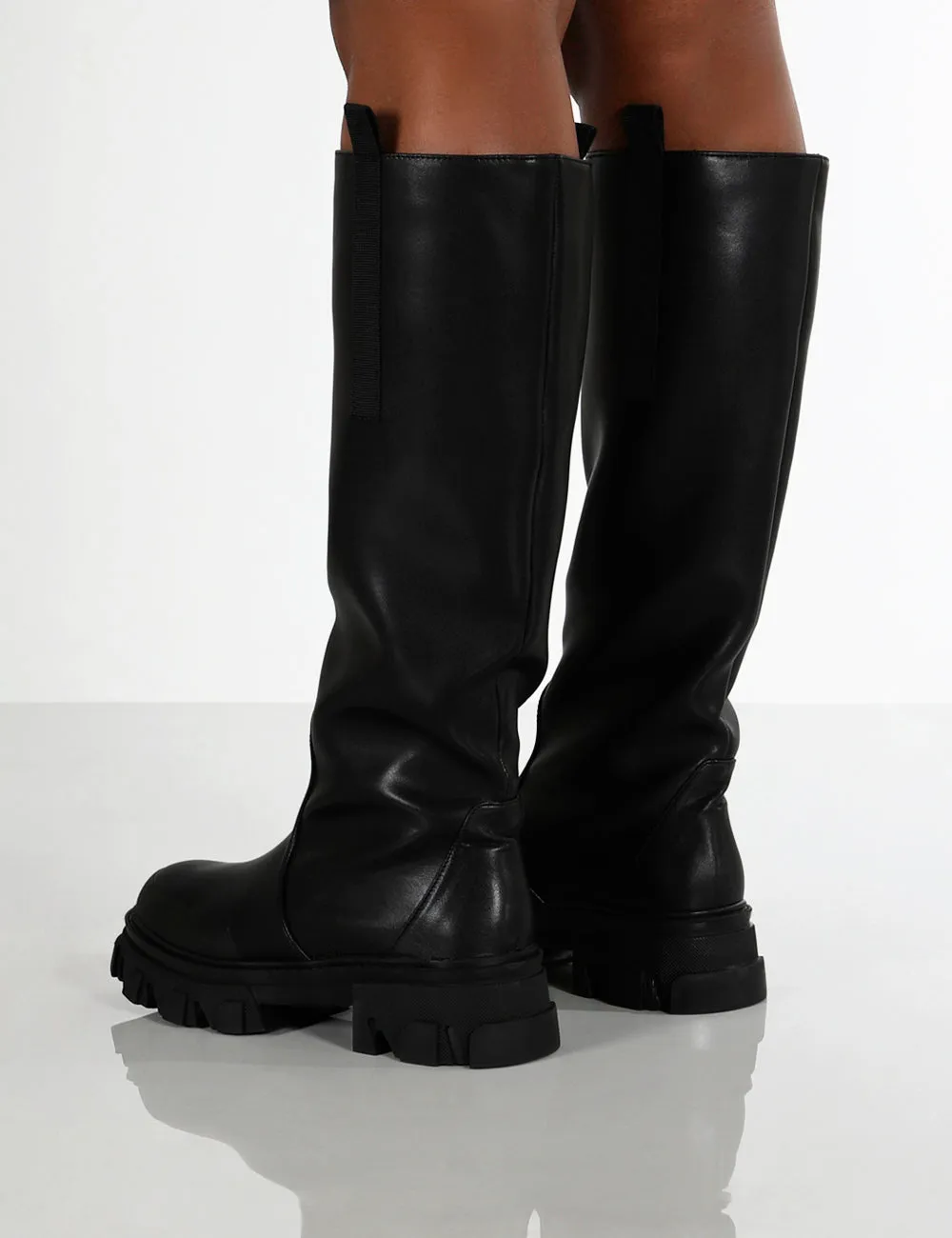 Genius Black Wide Fit Knee High Chunky Sole Boots