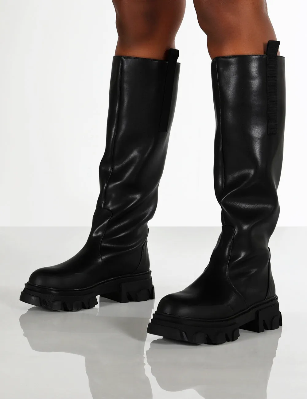 Genius Black Wide Fit Knee High Chunky Sole Boots