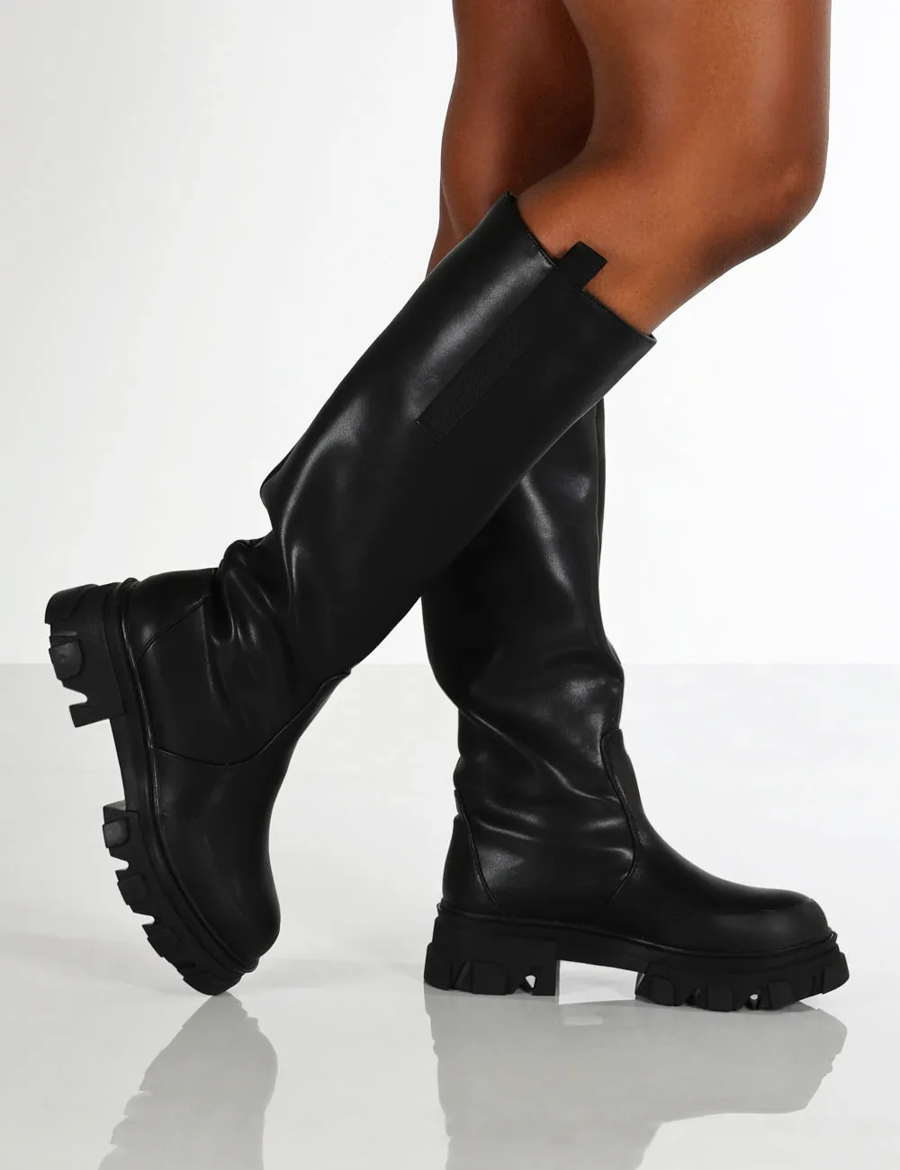 Genius Black Wide Fit Knee High Chunky Sole Boots