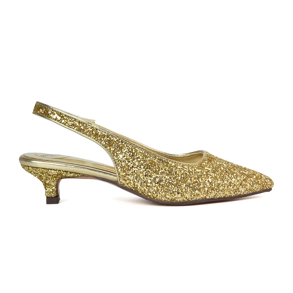 Gerri Pointed Toe Glitter Slingback Kitten Heel Court Shoes in Gold Glitter