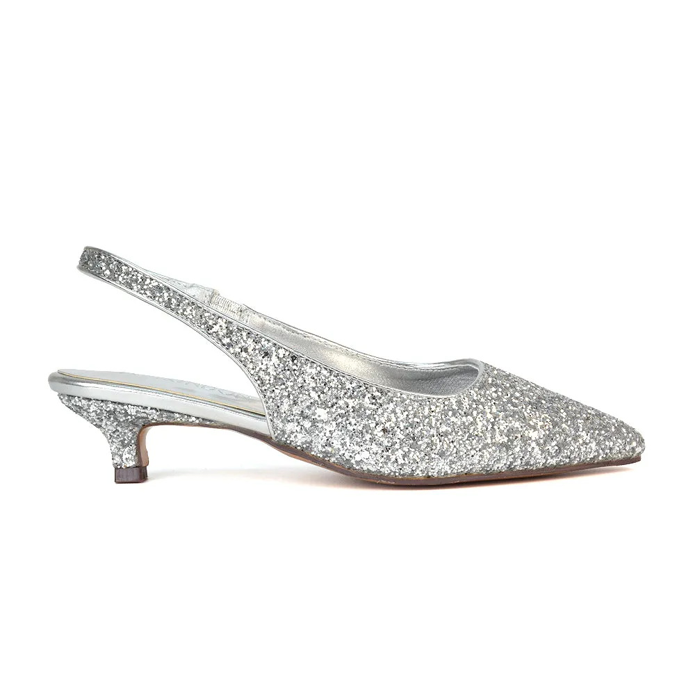 Gerri Pointed Toe Glitter Slingback Kitten Heel Court Shoes in Gold Glitter