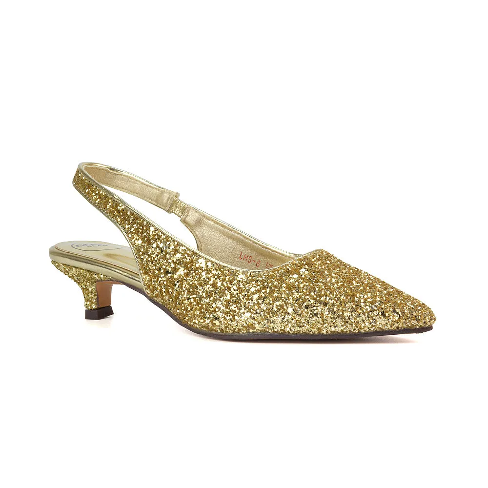 Gerri Pointed Toe Glitter Slingback Kitten Heel Court Shoes in Gold Glitter