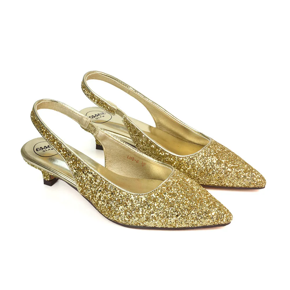 Gerri Pointed Toe Glitter Slingback Kitten Heel Court Shoes in Gold Glitter