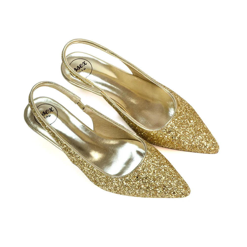 Gerri Pointed Toe Glitter Slingback Kitten Heel Court Shoes in Gold Glitter