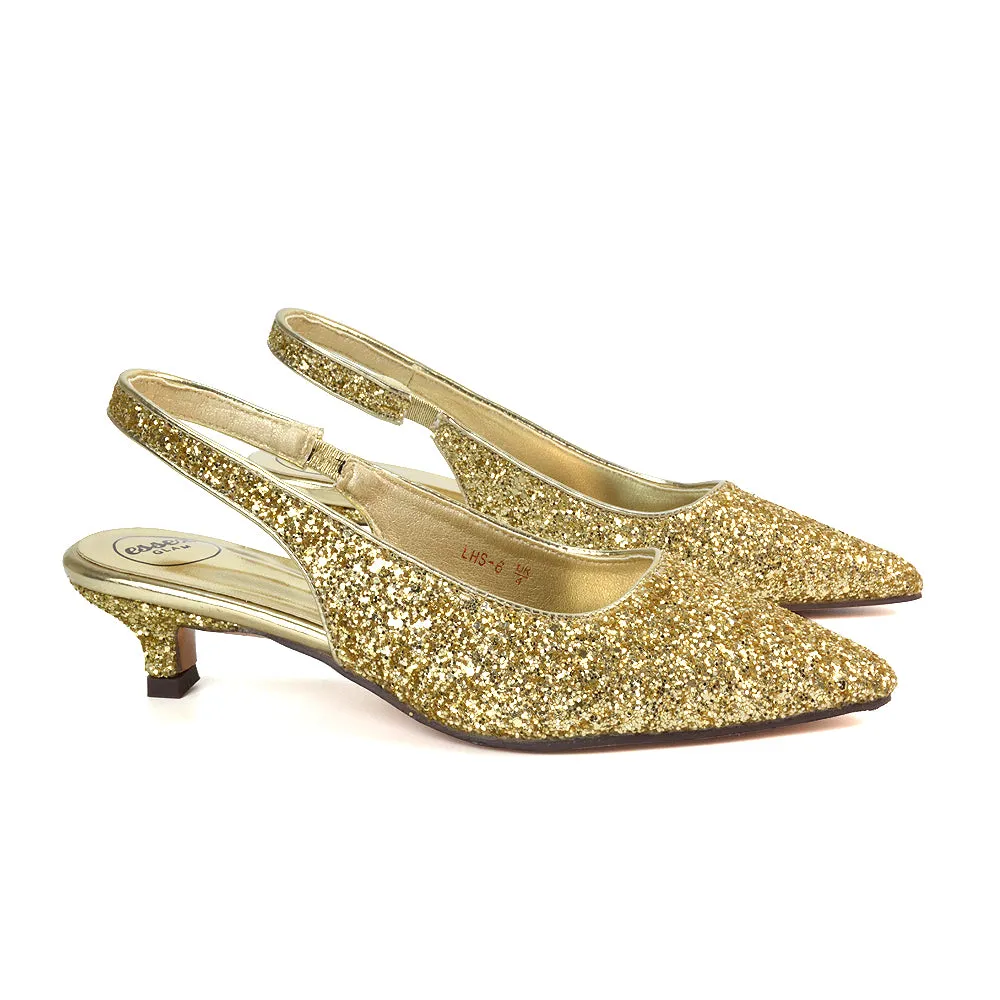 Gerri Pointed Toe Glitter Slingback Kitten Heel Court Shoes in Gold Glitter