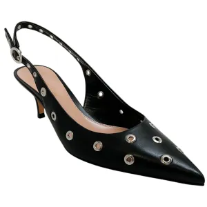 Gianvito Rossi Black Leather Kitten Heel Pump with Grommets