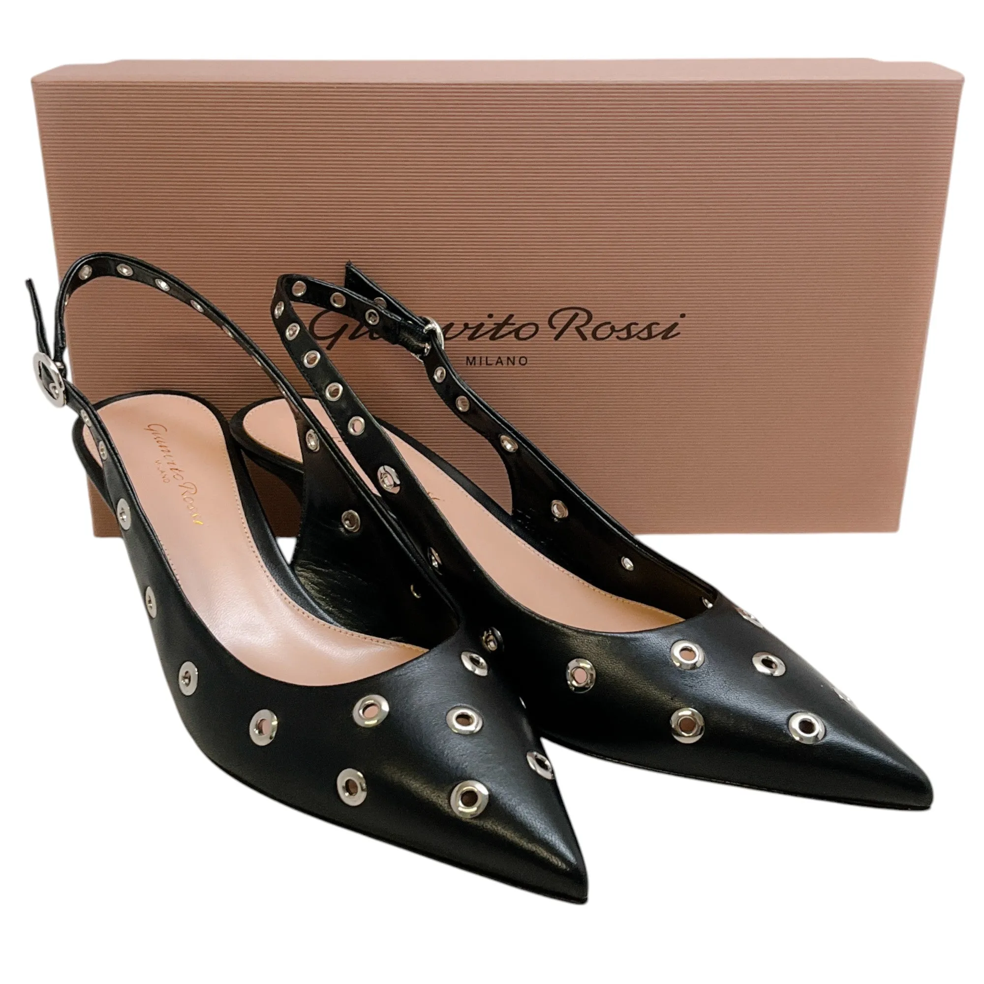 Gianvito Rossi Black Leather Kitten Heel Pump with Grommets